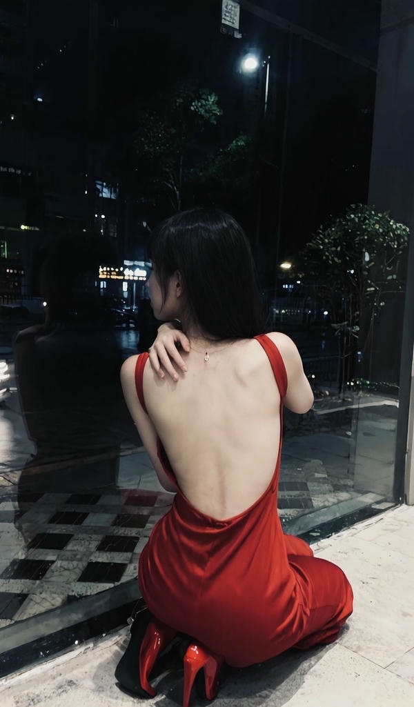 ảnh chụp phía sau cô gái váy đỏ