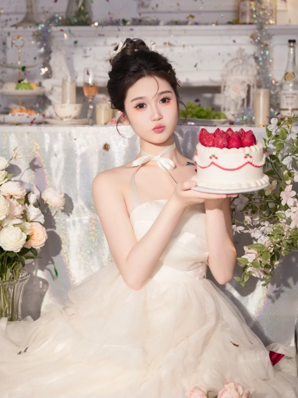 Gái xinh váy trắng cầm bánh sinh nhật
