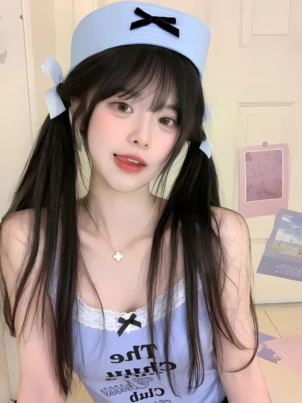 Ảnh gái mạng cute đội nón và tóc buộc hai bên