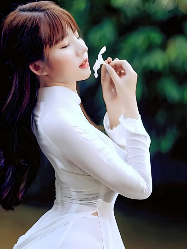 Gái xinh áo dài trắng cầm hoa trắng