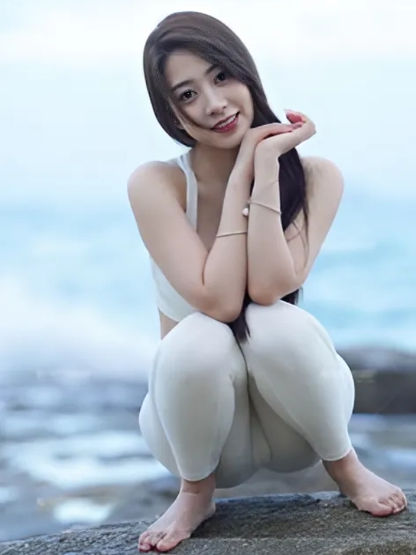 Gái xinh mu to ngồi bãi biển thư thái