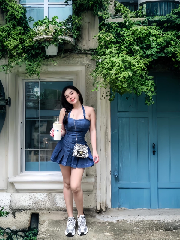 Thần thái dịu dàng trước khung cửa xanh.