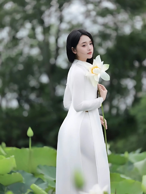 Áo dài mông to ngồi bên hồ sen trắng