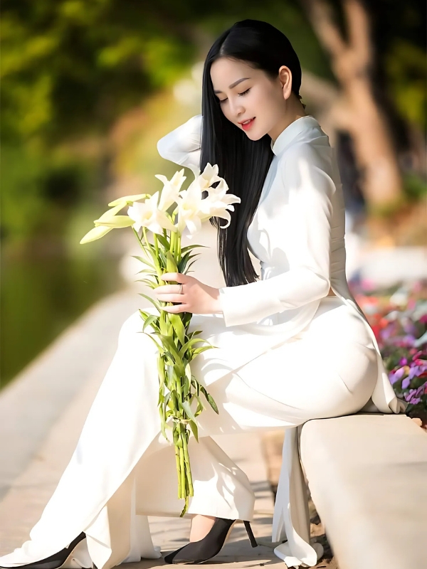 Tươi tắn áo dài mông to và hoa loa kèn