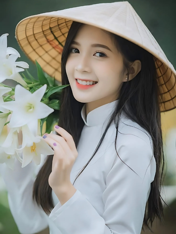 Gái xinh mặc áo dài trắng cười rạng rỡ