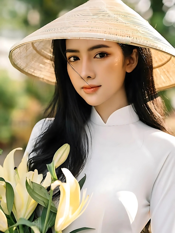 Gái xinh mặc áo dài trắng nghiêng nón lá