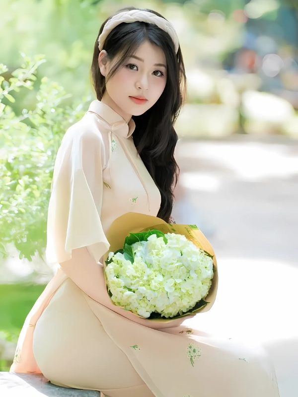 Gái xinh mặc áo dài vàng bên giỏ sen