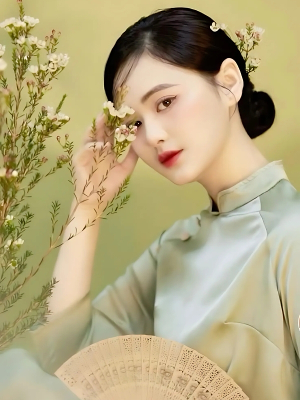 Gái xinh mặc áo dài lụa bên nhành hoa