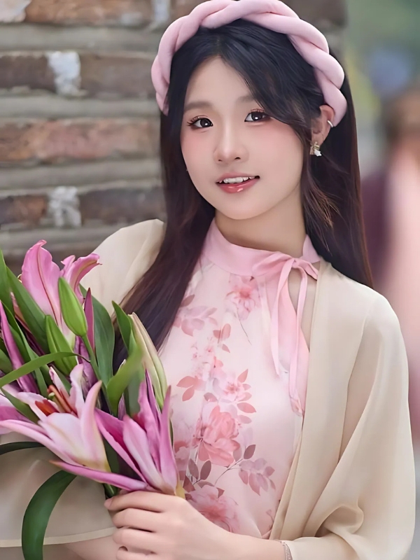 Gái xinh mặc áo dài hồng tóc buộc nơ