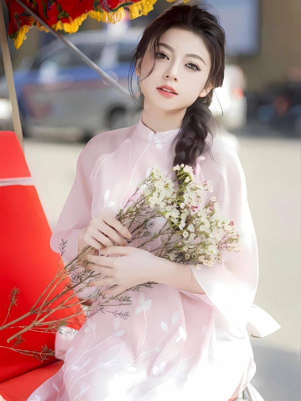 Gái xinh mặc áo dài trắng ôm hoa tươi