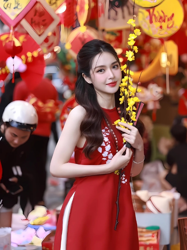Gái xinh mặc áo dài đỏ đón xuân sang