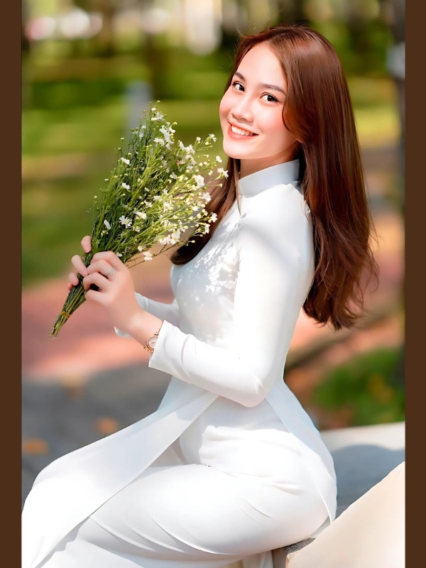Gái xinh mặc áo dài trắng cười rạng rỡ