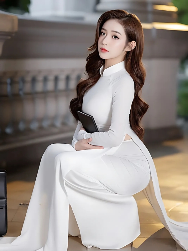 Gái xinh mặc áo dài trắng tóc xoăn dài