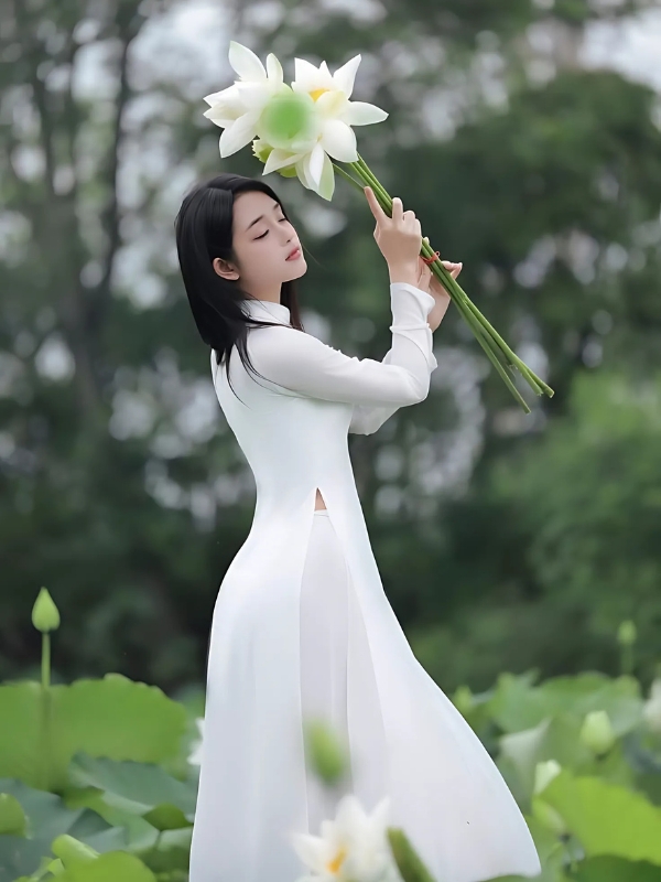 Gái xinh mặc áo dài trắng cầm hoa sen trắng