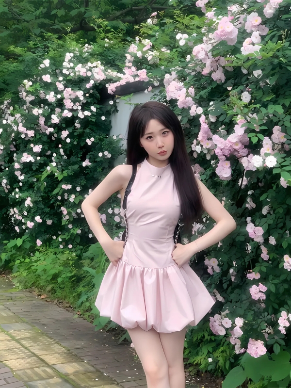 Gái xinh mặc váy ngắn hồng bên bụi hoa rực