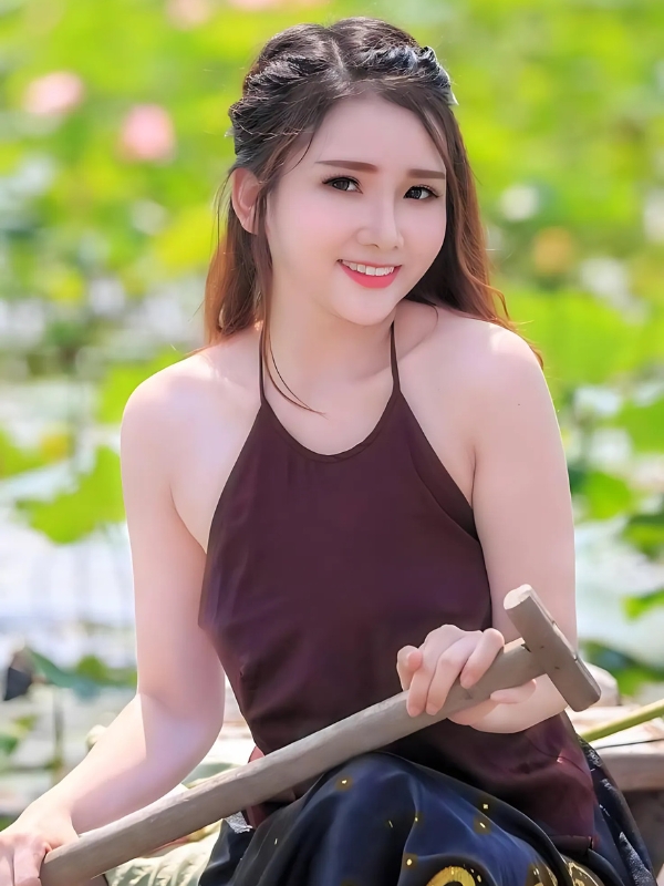 Gái xinh mặc yếm nâu cười rạng rỡ