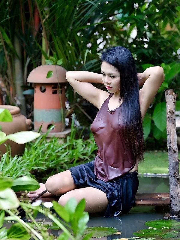 Gái xinh mặc yếm giữa vườn cây xanh