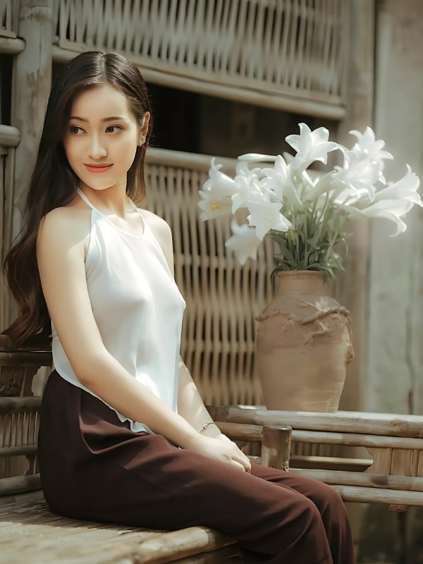 Gái xinh mặc yếm trắng bên bình hoa
