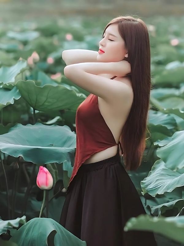 Gái xinh mặc yếm đỏ giữa đầm sen