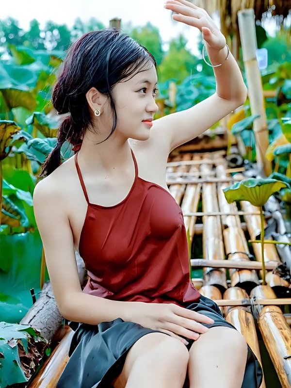Gái xinh mặc yếm đỏ ngồi trên bè tre