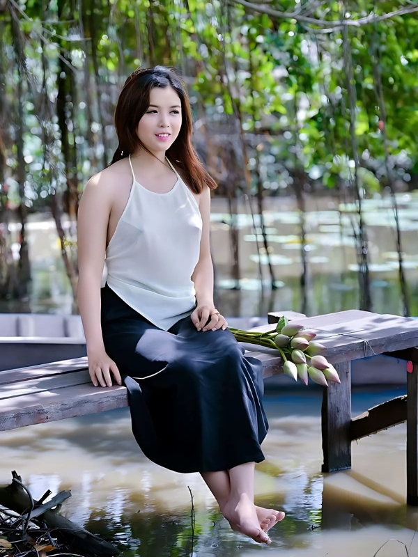 Gái xinh mặc yếm trắng bên ao làng