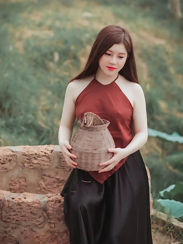Gái xinh mặc yếm đỏ ôm giỏ cá tre