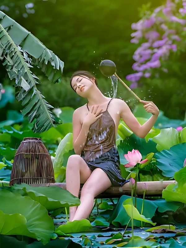 Gái xinh mặc yếm ngồi giữa đầm sen