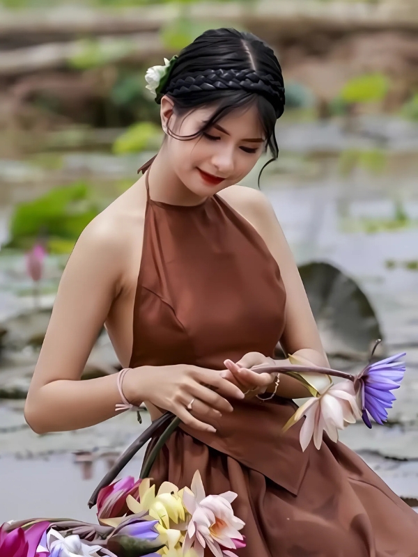 Gái xinh mặc yếm nâu ngồi thêu hoa