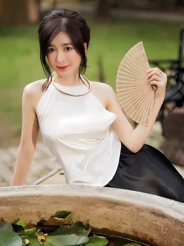 Gái xinh mặc yếm trắng bên chum nước
