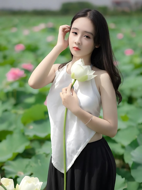 Gái xinh mặc yếm trắng cầm hoa sen