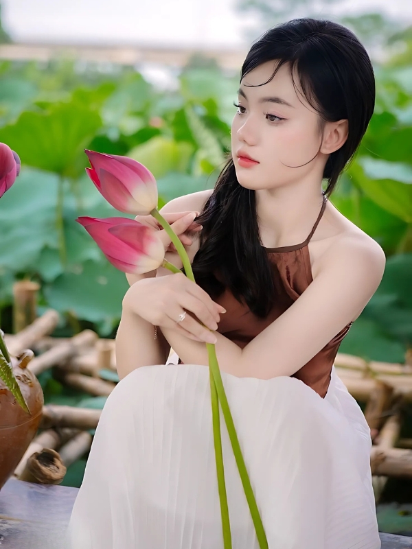 Gái xinh mặc yếm ngồi bên bó sen hồng