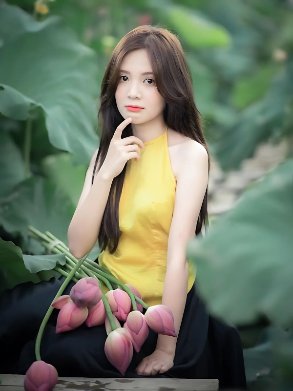 Gái xinh mặc yếm vàng bên sen búp