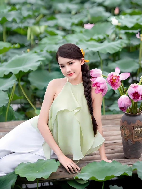 Gái xinh mặc yếm xanh non giữa sen