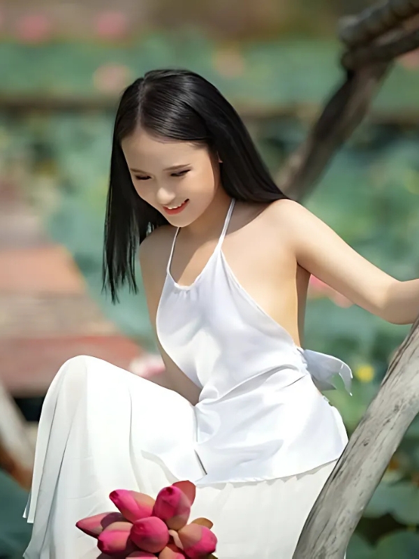 Gái xinh mặc yếm trắng ngồi cắm sen