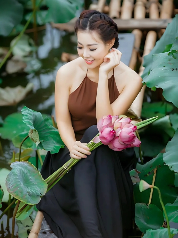 Gái xinh mặc yếm cười bên hoa sen