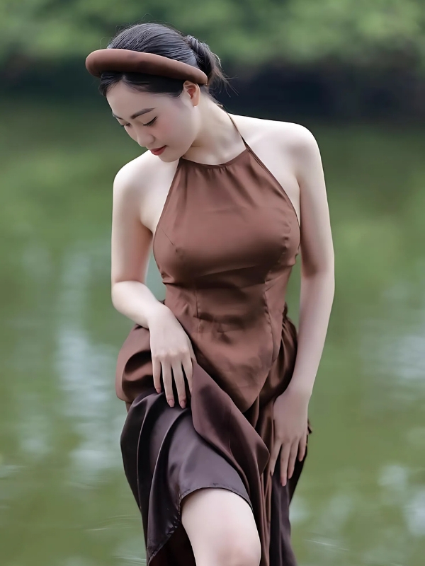 Gái xinh mặc yếm truyền thống bên hồ