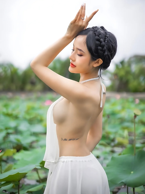 Gái xinh mặc yếm trắng khoe lưng trần